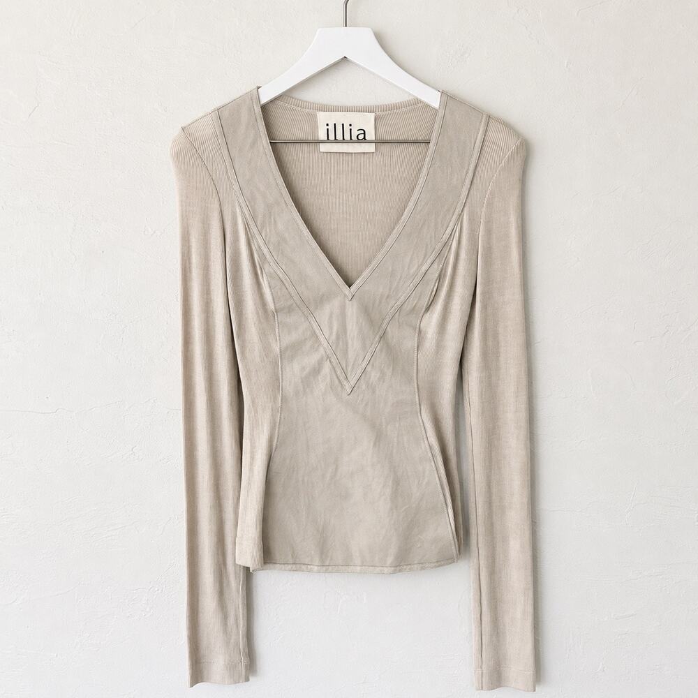 Illia Stone Taupe Leather Panel Modal Ribbed V-Neck Top Size 2 Y2K Minimalist